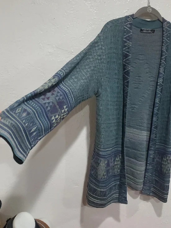 Peruvian Connection Boho Teal Kimono Cardigan with Aztec Pattern Size L - Picture 7 of 15